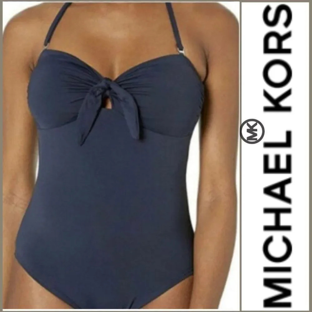 Michael Kors Navy Blue Tie Front Bandeau One-Piece swimsuit size 10 - Picture 4 of 10